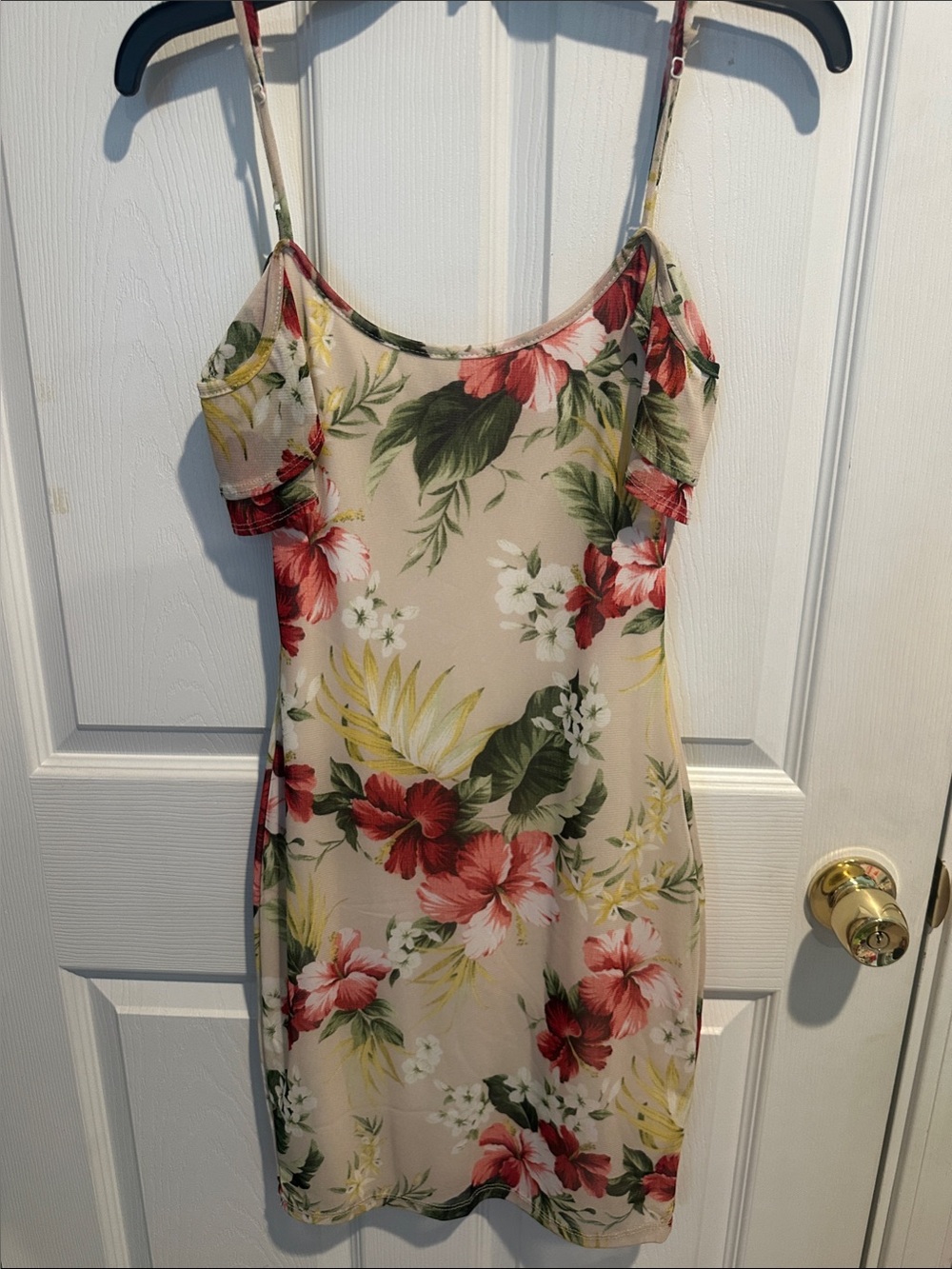 Floral Spaghetti-Strap Off Shoulder Dress in Beige and Red